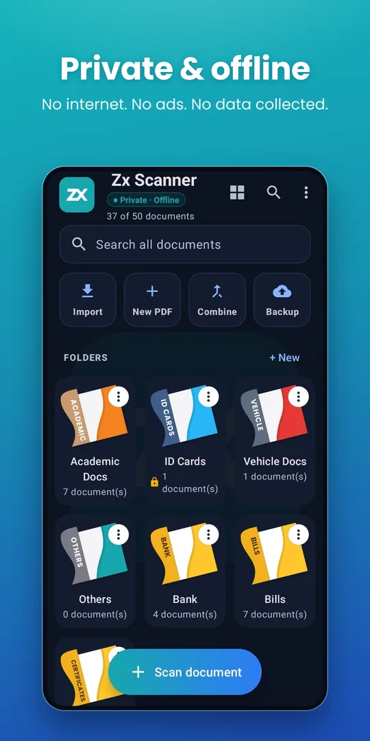 Home screen — private and offline