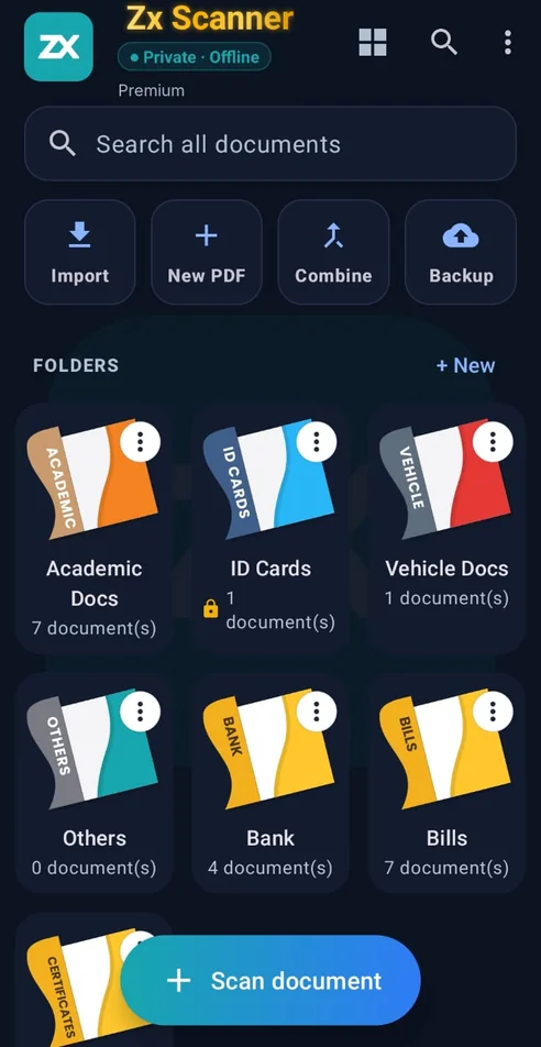 Zx Scanner home screen for a Premium member — the app name in gold and a Premium badge