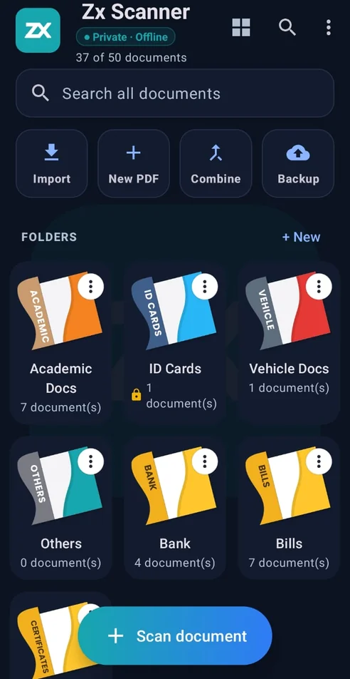 Zx Scanner home screen: folders, search and the Scan document button