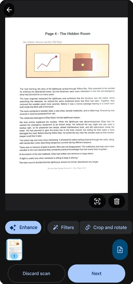 Page editor showing enhance, filters, and crop and rotate controls