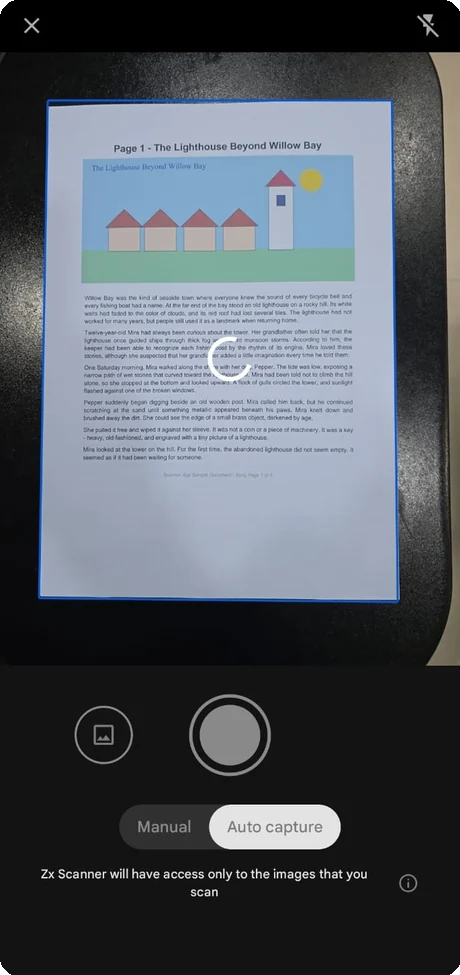 Camera view with a document detected and outlined automatically