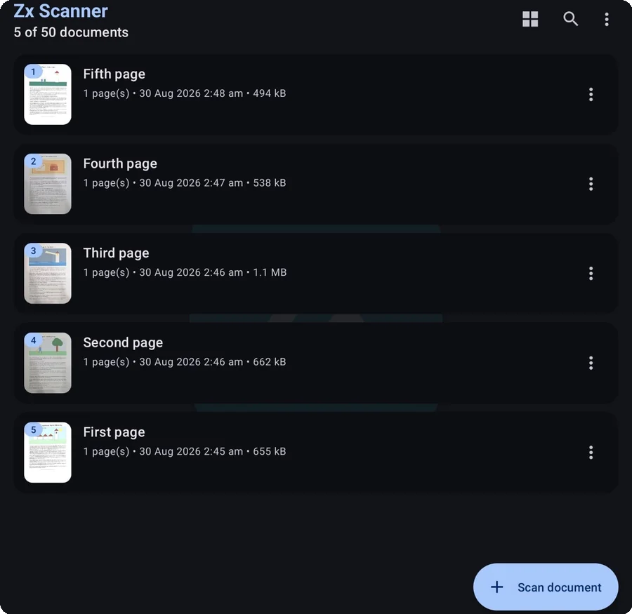Zx Scanner document list on a large screen, showing five saved documents with page counts, dates and file sizes